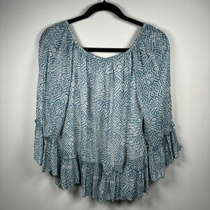 Lucky Brand Tunic Womens Medium Blue Sheer Lined Flare Slv On Off Shoulder Boho